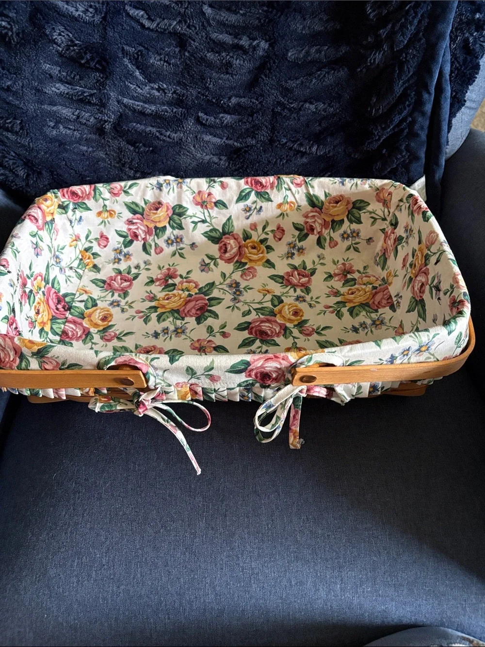 Longaberger Floral Lined Rectangular Basket with Wood Handles